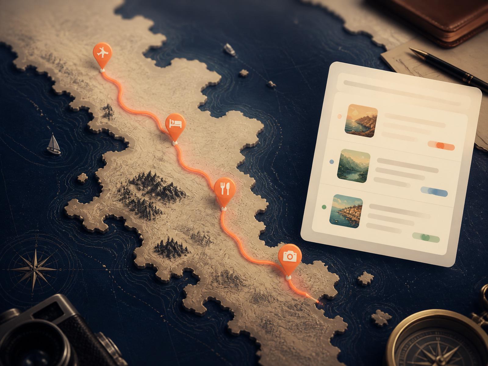A coral driving route winding across a stylized navy map, four layer pins along it, with a floating cream itinerary card alongside.