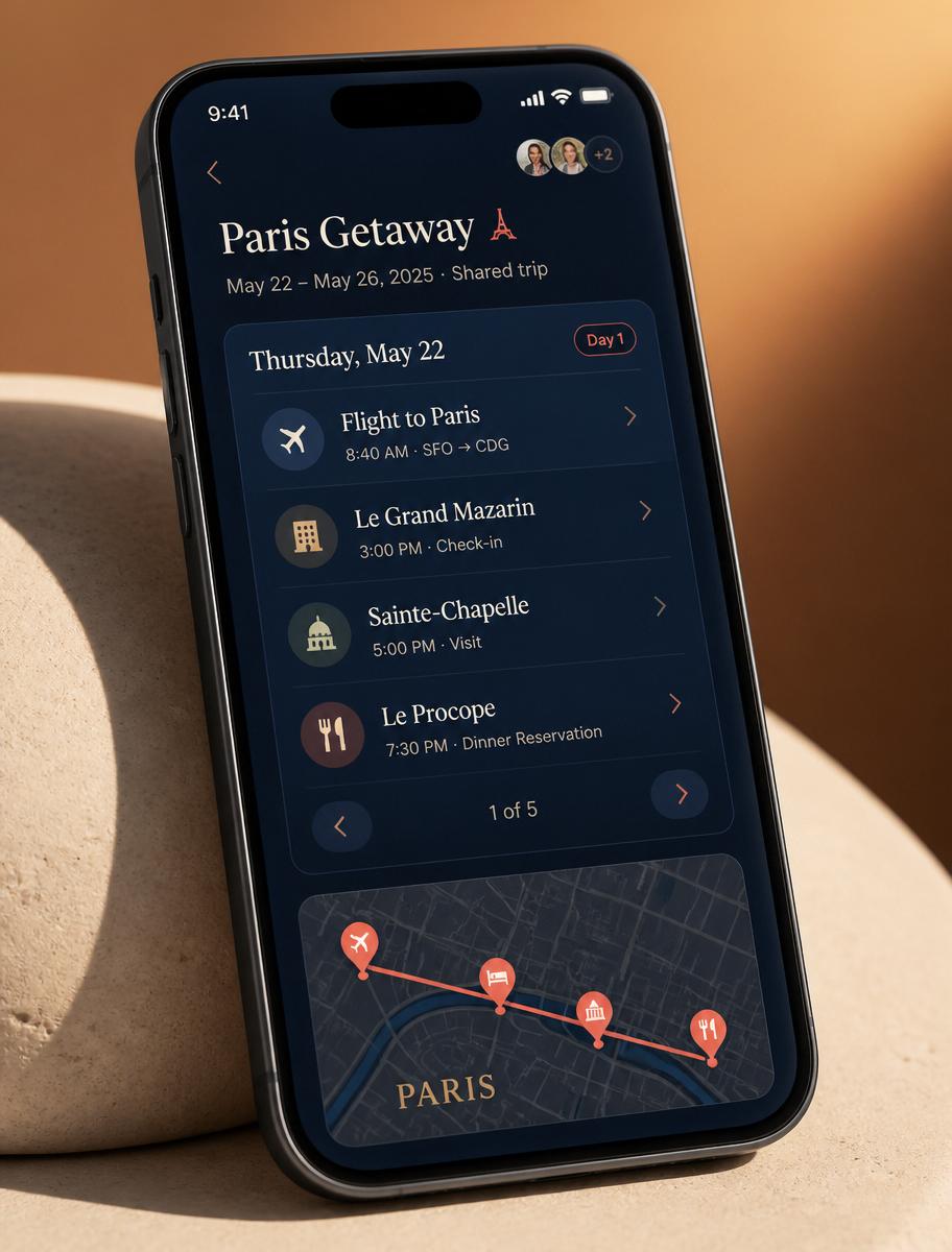 Phone screen showing a shared trip with a day card and a map preview below.