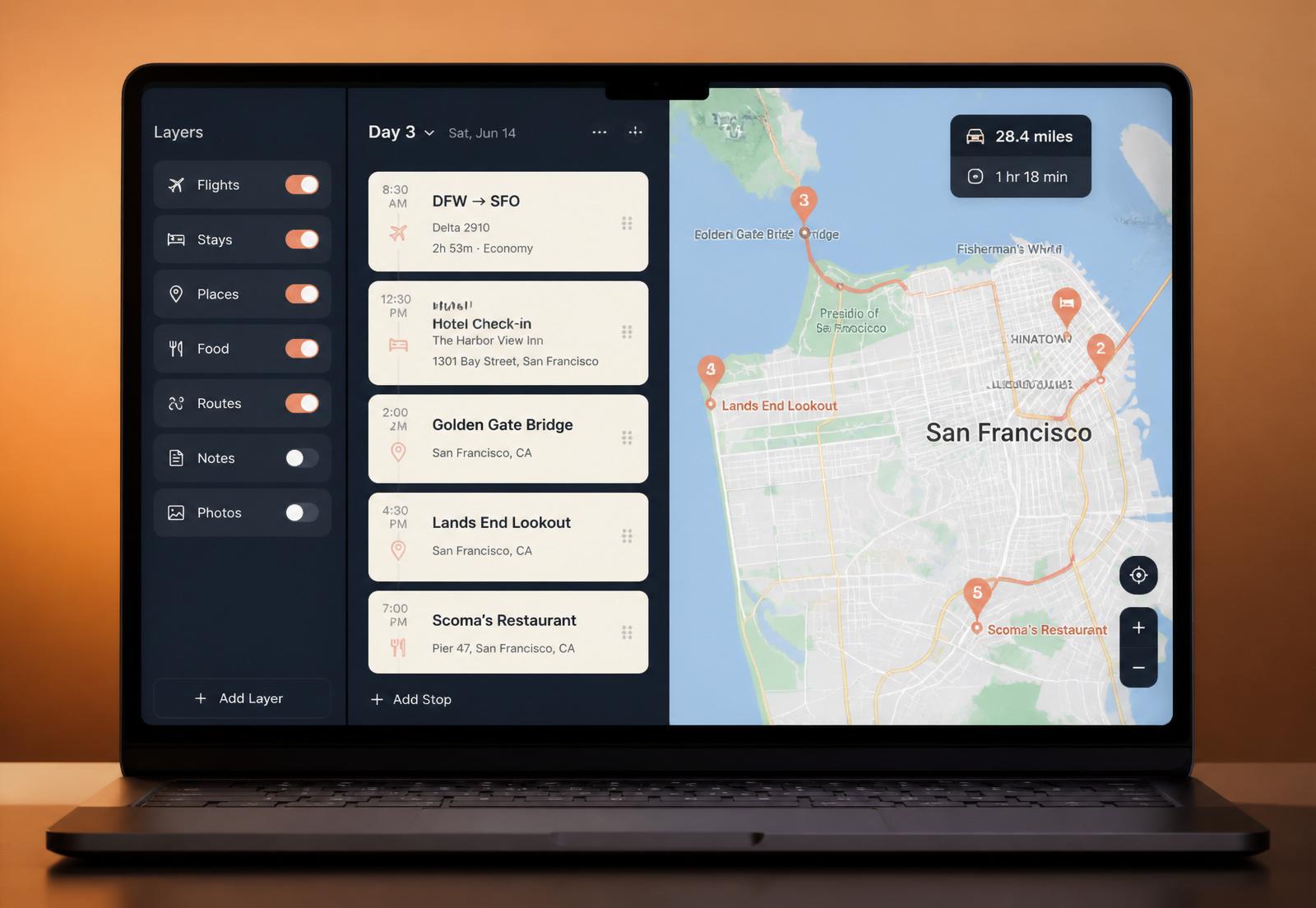 Three-pane workspace with layer toggles, a day timeline and a Google map with a coral route and pins.